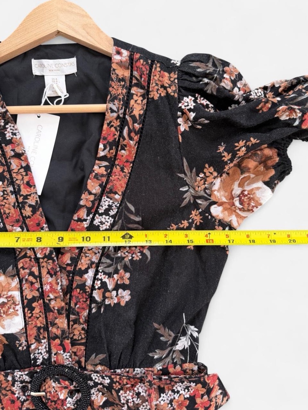 NWT CAROLINE CONSTAS Black Floral Linen Blend Belted Romper - Picture 5 of 7